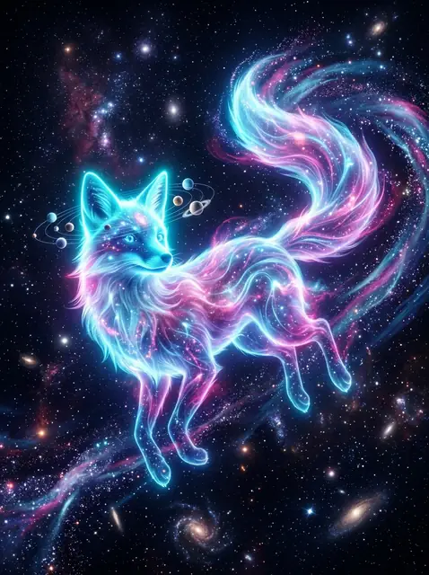 Orion the Stardrift Fox made of glowing starlight